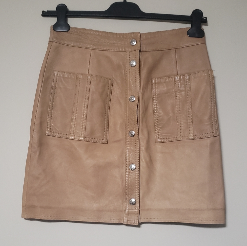 Replay Tan Button-Front Leather Mini Skirt
